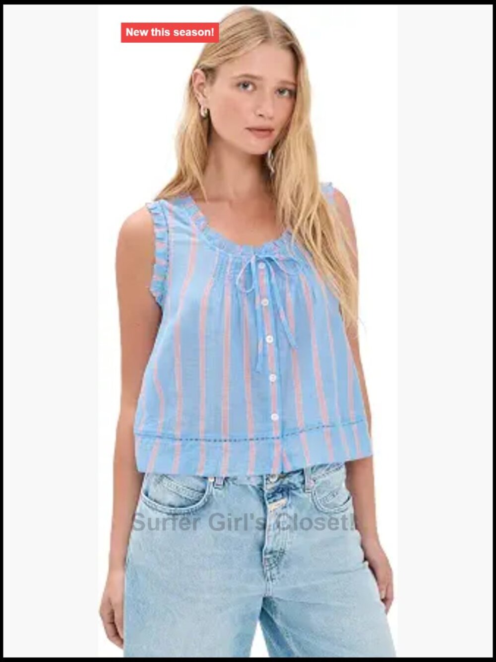 Sleeveless Cotton Gauzy Top with Ladder Lace Trim and Ruffle Edges